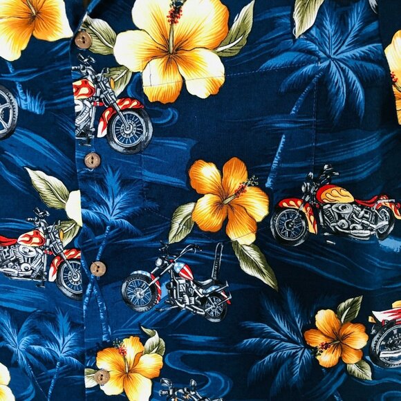 Hawaiian Shirt Mens M Motorcycles Hibiscus Short Sleeves Pacific Legend Blue - Picture 4 of 7